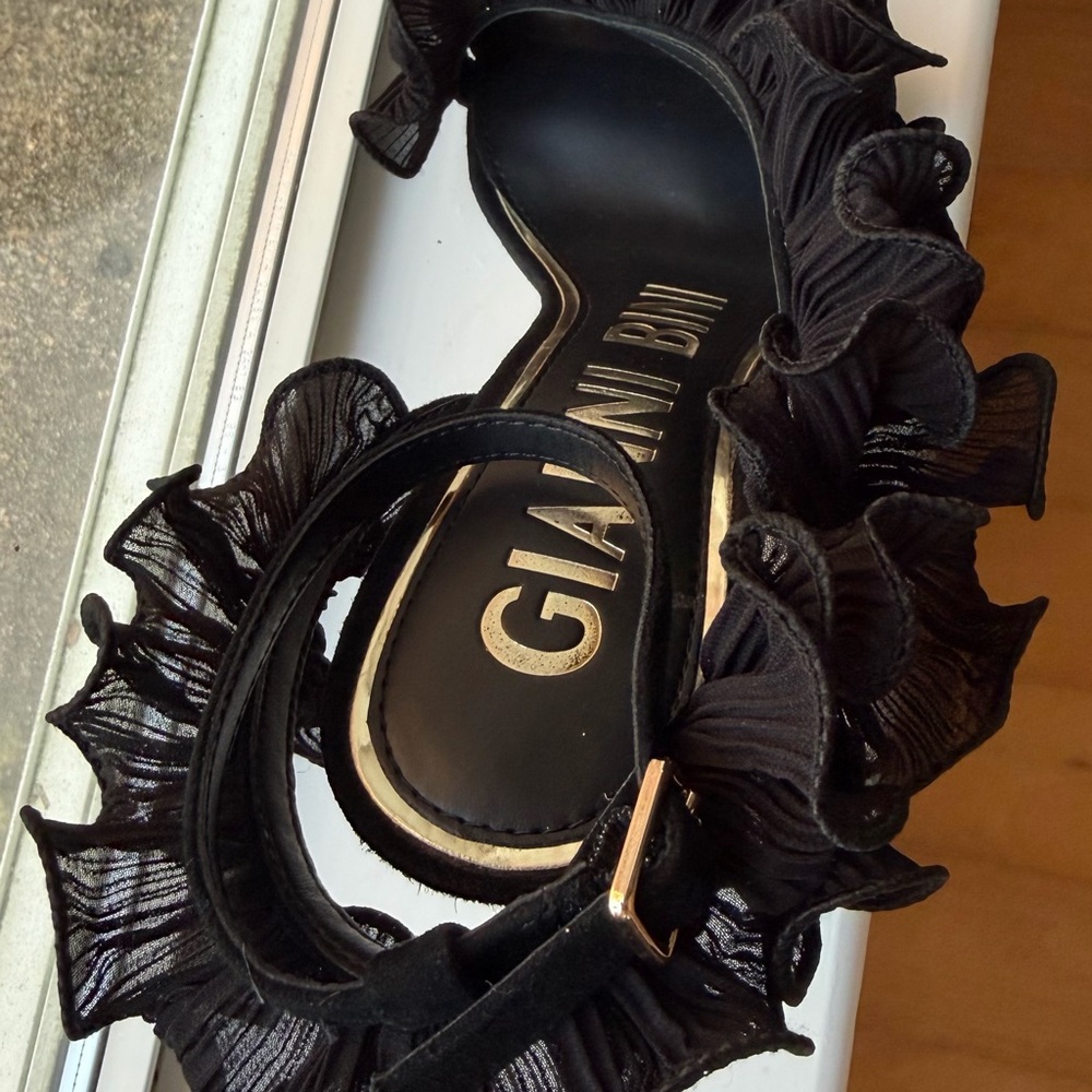 Gianni Bini Black Ruffle Ankle-Strap Heels - Picture 4 of 6